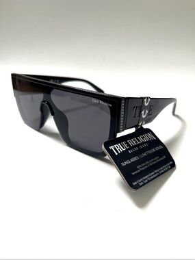 New TRUE RELIGION Shield Sunglasses Black Embossed Logo Acetate Glossy